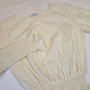 Marysia Resort Smocked Sleeve and Waist Long Sleeve Linen Top Cream‎ Size Small